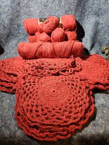 lot 279 image: Red Cotton Crochet Yarn Bundle with Lace Sample - Total of 5 Completed Pieces