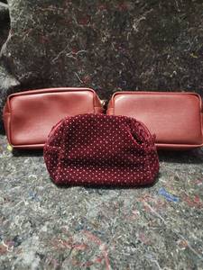 lot 308 image: Red Leather Cosmetic Bags Set with Polka Dot Pouch