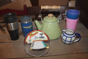 lot 3651 image: Vtg. Tea Pot, NIP Ring & Funnel & More