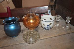 lot 3674 image: Vtg. Candlestick Holders, Flower Frog & More
