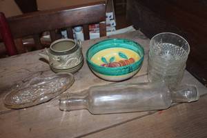 lot 3688 image: Vtg. Glass Rolling Pin, Relish Dish & More