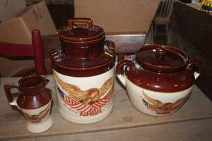 lot 3730 image: Vtg. Eagle Canisters and Pitcher