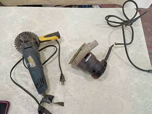 lot 6 image: Chicago Electric Double Cut Saw Model 333  small sander both units power on  one needs work on cord