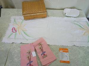 lot 66 image: California Palm Trees Embroidered Linens Set with Bamboo Box