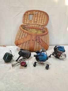 lot 108 image: Woven Fishing Creel with Spincast Reels