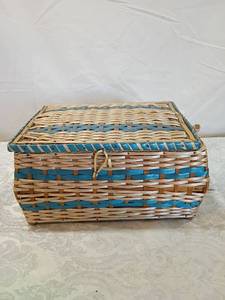 lot 149 image: Blue and White Wicker Sewing Basket with Contents