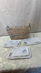 lot 154 image: Decorative Woven Basket with Metal Scrollwork with clear storage bags