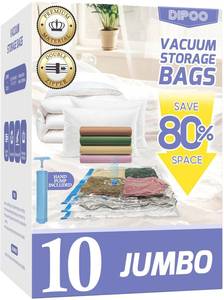 lot 44390 image: 4 Pack Jumbo Vacuum Storage Bags with Hand Pump, 80% Storage Space Saving, Sturdy Leak-Free Space Saver Vacuum Seal Bags for Clothing, Vacuum Compression Bags for Travel Luggage Blankets Comforters - Retail $14