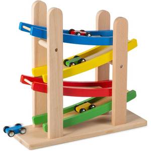lot 44391 image: Wooden Car Ramps - 4 Level Race Track With 4 Toy Cars - My First Baby Toys - Toddler Car Set is A Great Gift for Boys and Girls - Retail $19