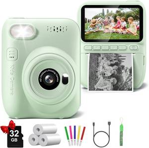 lot 44401 image: Kids Camera Instant Print, 3.0 HD 32MP 1080P Toddler Digital Camera with 2 Rolls of Printer Paper, Birthday Gifts Toy for 3-12 Year Old Girls Boys with 32GB SD Card-Green - Retail $30