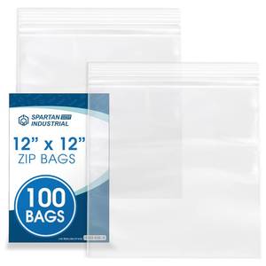 lot 44422 image: Spartan Industrial - 12 X 12 (100 Count) 2 Mil Clear ReSealable Zip Plastic Poly Bags with Resealable Lock Seal Zipper - Retail $20