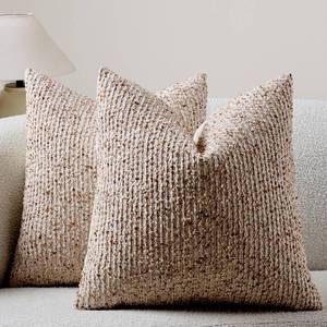 lot 44426 image: Striped Throw Pillow Covers 16x16 Set of 2 Beige Textured Boucle Chic Modern Boho Accent Farmhouse Square Decorative Couch Pillow Covers for Home Decor Bed Sofa Living Room - Retail $25