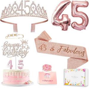 lot 44437 image: 45th Birthday Gifts Decorations for Women, Including 45 year old Cake Topper, Birthday Queen Sash with Pearl Pin, Sweet Rhinestone Tiara Crown, Number Candles and Balloons Set, Rose Gold - Retail $14
