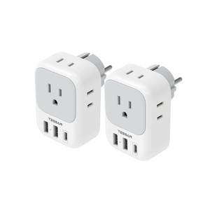 lot 44447 image: TESSAN 2 Pack Type E F Plug Adapter USB C, Germany France Power Adaptor with 3 USB Charger Ports, 4 AC Outlets Travel Plug for US to Europe EU Spain Iceland Korea Greece Russia German French - Retail $26