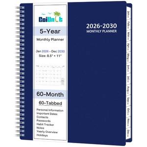 lot 44450 image: Monthly Planner 2026-2030, 5-Year Calendar Planner 2026-2030, Jan 2026 �� Dec 2030, 8.5 x 11 In, Ruled Spread, Flexible Cover, Spiral Wirebound, Pocket, 60 Coated Monthly Tabs, Notes �� Habit Tracker, A4 Planner, Blue - Retail $15