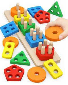 lot 44463 image: Montessori Toys for 1 to 3-Year-Old Boys Girls Toddlers, Wooden Sorting & Stacking Toys for Toddlers and Kids Preschool, Educational Color Recognition Shape Sorter, Learning Puzzles Gift - Retail $10