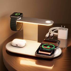 lot 44466 image: 3 in 1 Charging Station for MagSafe Wireless Charger with Three-Level Night Light, 15W Max Fast Charging for iPhone 1716151413, Apple Watch Series 2-11SE 3 Ultra 3, AirPods Pro 3-Gray - Retail $32
