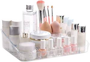 lot 44482 image: Makeup Tray Organizer Cosmetic Display Case Office Stationery Storage Holder Countertop Storage Unit Makeup Box for Bathroom Drawers, Vanities Office Desk, Washable Crystal Clear Acrylic - Retail $13