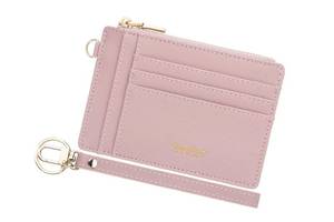 lot 44507 image: Women Slim Rfid Blocking Credit Card Case Holder Wristlet Zip ID Case Wallet Small Compact Leather Wallet Coin Purse with Keychain (Light Pink) - Retail $9