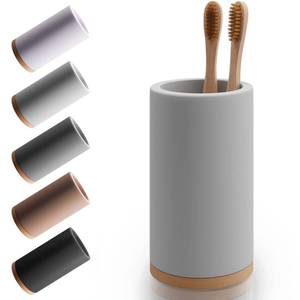 lot 44532 image: Bamboo Toothbrush Holder Diatomite Tooth Brush Organizer - Storage Stand for Small Bathroom & Counter - Removable Base & Drain Holes, Water-Absorbent & Quick-Drying (Light Grey) - Retail $20