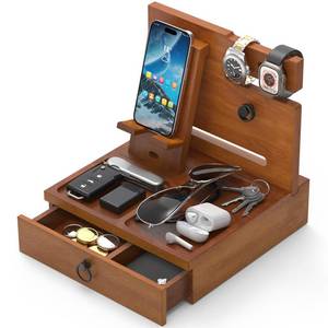 lot 44545 image: Wood Phone Docking Station, Nightstand Organizer with Drawer, Bedside Table Organizer for Watch & Accessories, Christmas Anniversary Birthday Gifts for Men, Dad, Husband - Retail $40