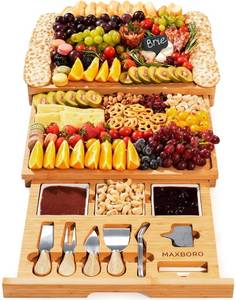 lot 44557 image: Extra Large 33.7x15.7 inch Charcuterie Boards Gift Set, 100% Bamboo Cheese Board and Knife Set, Cool Meat Cheese Platter Tray, House Warming - Retail $55
