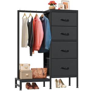 lot 44567 image: Dresser with Hanging Rack, 4 Drawers Small Closet for Bedroom, Reversible Fabric Kids Chest of Drawers with Clothes Rack, Tall Storage Tower, Sturdy Frame, Black, 44H - Retail $100
