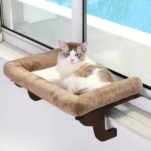lot 44570 image: Cat Perch for Window Sill with Bolster - Orthopedic Hammock Design with Premium Hardwood & Robust Metal Frame - Cat Window Seat for Large Cats and Kittens - Dark Stained Wood Brown Bed, 24W - Retail $25