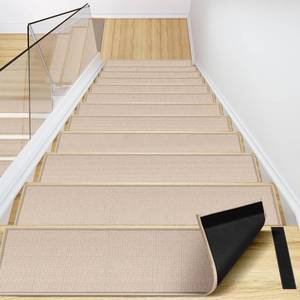 lot 44576 image: Peel and Stick Adhesive Stair Treads for Wooden Steps Indoor Set of 15 Pack, Rubber Backed Non Slip Jute Stair Rug Step Pads for Pet Dog, Elders and Kids, Beige. VISIBLE USE. - Retail $70