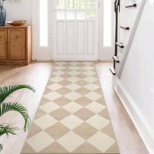 lot 44577 image: Checkered Print Rug Runners for Hallways Non Slip 2.5x8, Ultra Thin Beige Kitchen Runner Rugs Non Skid Washable, Classic Neutral Gingham Decor Faux Wool Carpet for Bathroom Bedroom Entryway - Retail $43