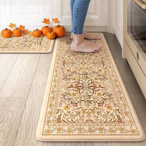 lot 44582 image: Kitchen Mats for Floor, Cushioned Anti Fatigue Mat Non Skid Waterproof Kitchen Rugs Set of 2, Fall Orange Floral Comfort Standing Rug for Sink, Laundry, Home Decor, 17x2917x47