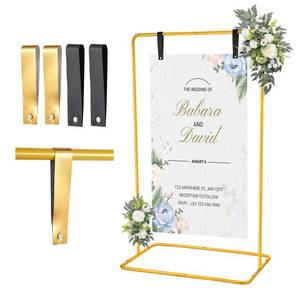 lot 44584 image: Wedding Welcome Sign Holder, 68x31x20 Welcome to Our Wedding Sign Adjustable Display Stand with 4 Leather Hanging Straps, Gold Easel Stand Personalized for Baby Bridal Valentine - Retail $26