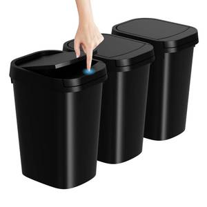 lot 44585 image: 3 Pack Bathroom Small Trash Can with Lid, 2.6 Gallon Slim Garbage Bin with Pop-Up Lid, 10L Plastic Wastebasket for Bedroom, Office, Kitchen, Toilet (Black) - Retail $24