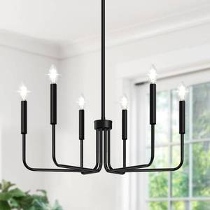 lot 44593 image: Black Chandelier, 6-Light Farmhouse Chandelier for Dining Room Lighting Fixtures Hanging, Dining Light Fixtures Industrial Modern Chandelier for Bedroom, Foyer, Hall, Kitchen, Living Room and Entryway - Retail $60