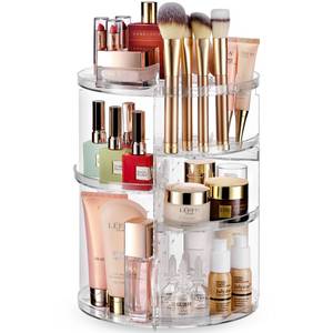 lot 44594 image: 360 Rotating Makeup Organizer Countertop - Adjustable Shelf Height - The Perfect Round Spinning Cosmetic Organizer for Bedroom Dresser or Vanity Countertop Storage (Clear) - Retail $15