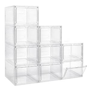 lot 44597 image: Storage Bins with Lids, 9 Pack Plastic Storage Containers with Magnetic Door, 19 Qt Stackable Clear Storage Box for Home, Office Organizing - Retail $75