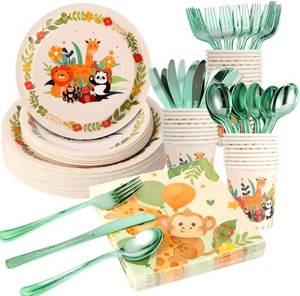 lot 5193 image: 175 PCS Jungle Party Plate Set, Animal Theme Party Decorations, Wildlife Theme Disposable Tableware Set, Kids Birthday Plate Decorations. (25 guests)