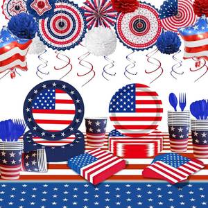 lot 5194 image: 149pcs Patriotic Party Supplies, July 4th Party Supplies with Napkins Paper Plates Cups Tablecloth Balloons Paper Fans for 4th of July Parties Decorations