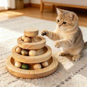 lot 5198 image: Cat Ball Track Toy with Catnip Ball and Metal Bell 3 Tier Cat Tower for Indoor Cats Wooden Interactive Cat Toy for Hunting Physical Exercise 9 Removable BallsPuzzle Kitten Toys