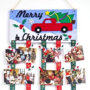 lot 5212 image: Christmas Card Holder Wall Display, Felt Christmas Card Holder Wall Display & Bulletin Boards, Christmas Card Holder Wall Display with Steric Truck Christmas Tree, 30 Wood Clips & 6 Ribbons