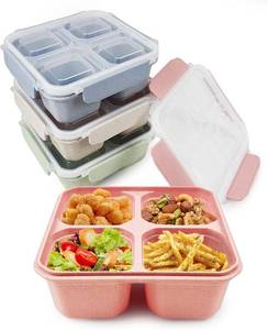 lot 5215 image: greenandlife 4 Pack Bento Lunch Box Set for Kids Adults, 4 Compartment Reusable Wheat Straw Meal Prep Food Storage Snack Containers, Stackable Snack box, Microwave and Dishwasher Safe, INS