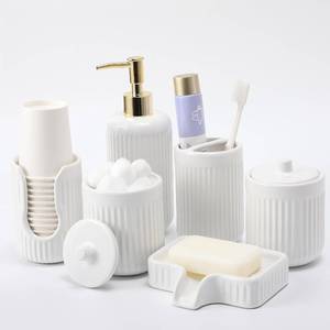 lot 5223 image: Ceramic Bathroom Accessories Set of 6 White, Soap Dispenser, Toothbrush Holder, Cup Holder, Soap Dish, 2 Qtip Holder, Countertop Vanity Organizer, Bathroom Accessory Set (White, Comb B)