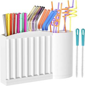 lot 5228 image: Straw Holder and Organizer for Reusable Straws Rack with Strong Suction Cup & Adhesive Under Cabinet or On Wall Mount No Drill Kitchen Organization for Metal, Glass Silicone Straws (White)