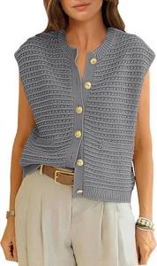 lot 5233 image: ANRABESS Women Sweater Vests Sleeveless Cardigan Casual Loose Knit Button Down Sweater Tops 2025 Spring Summer Trendy Outfits Grey Large
