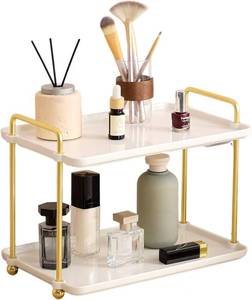 lot 5240 image: 2-Tier Vanity Organizer Trays with Handles and Wheels, Cosmetic Storage Display (Ceramic White)