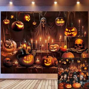 lot 5256 image: Horror Halloween Backdrop Scary Skeleton Pumpkin Lantern Haunted House Background Kids Adult Spooky Birthday Party Decorations Banner Supplies (7x5FT)