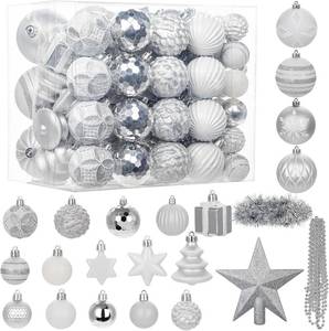 lot 5258 image: 100PCS Christmas Ornaments Set Silver & White   Shatterproof Xmas Tree Decorations Balls Kit with Tree Topper Star, Tinsel Garland, Hanging Baubles for Holiday Party D cor Indoor Outdoor