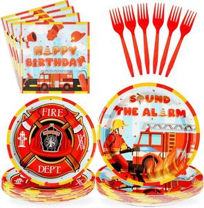 lot 5259 image: Grencian 96Pcs Firefighter Birthday Party Decorations Fire Truck Party Plates Disposable Firetruck Birthday Paper Tableware Set for Kids Fireman Fire Truck Supplies, Serves 24