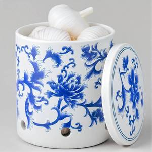 lot 5264 image: Blue & White Floral Ceramic Garlic Keeper Jar   30oz Garlic Storage Container with Lid, Countertop Garlic Holder, Pottery Garlic Keeper for Kitchen Decor