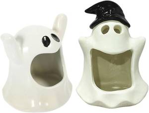 lot 5265 image: Cabilock 2pcs Ceramic Ghost Candle Holder Ghost Tealight Holder Tealight Candle Jars Halloween Tea Lights Candles Wick Fake Candles Stands Decor Ceramics White